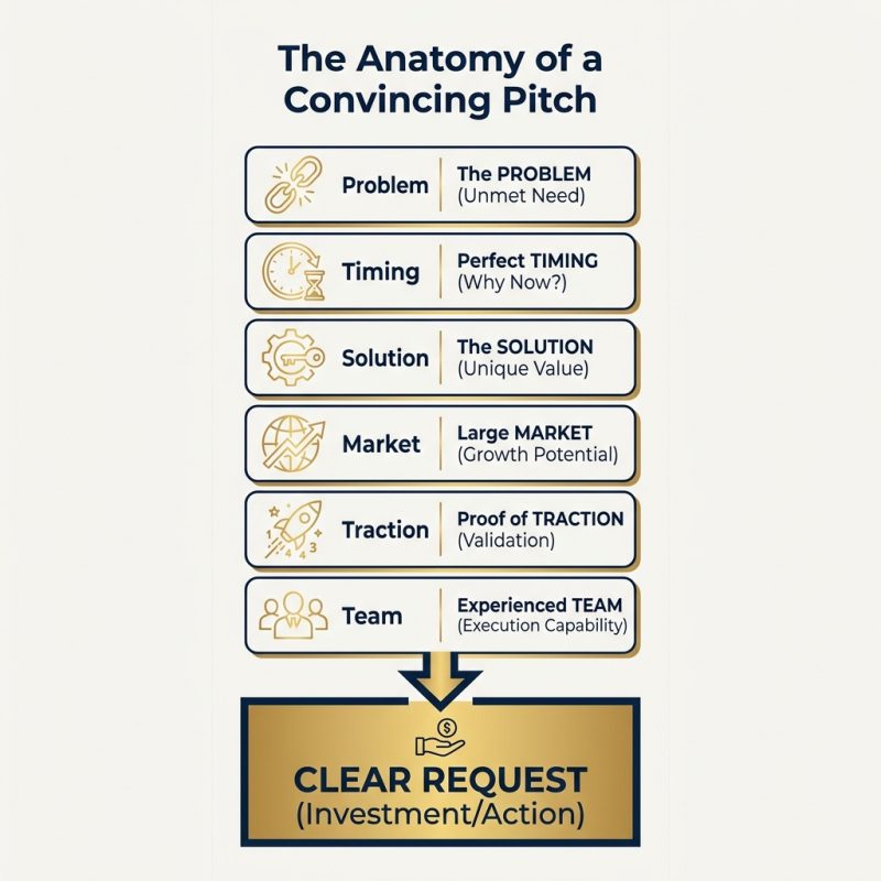 Infographie : l'anatomie d'un pitch qui convainc, du problème à la demande claire