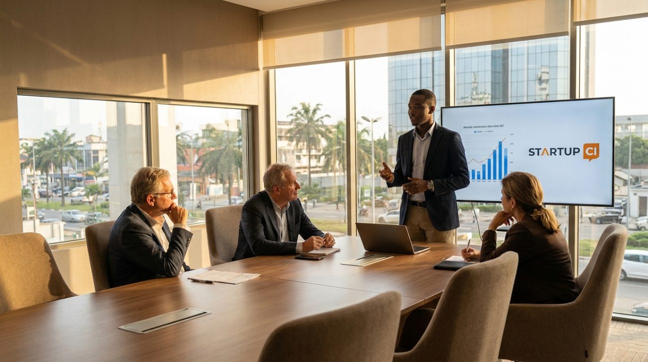 Jeune entrepreneur africain en plein pitch de son business plan devant des investisseurs attentifs