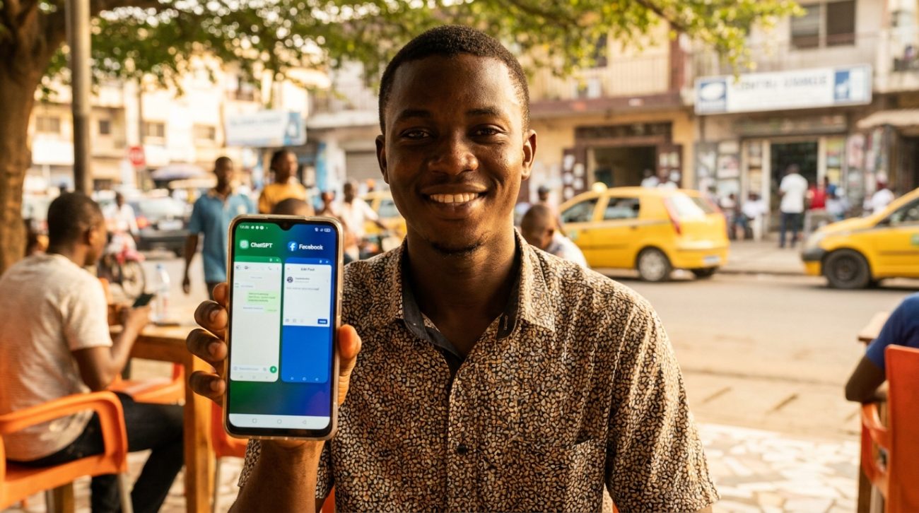 Jeune entrepreneur ivoirien à Abidjan utilisant ChatGPT sur son smartphone pour rédiger un post Facebook