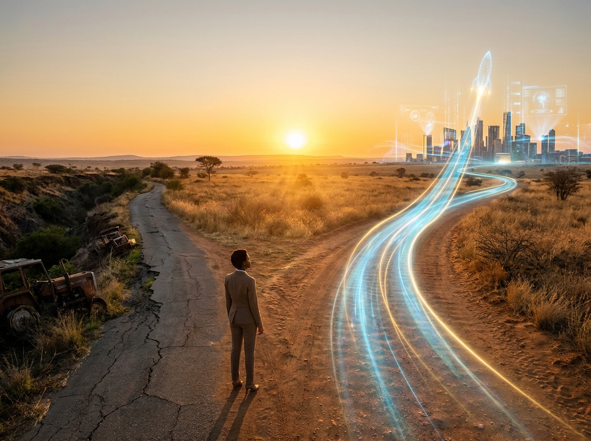 Entrepreneur africain à un carrefour au coucher du soleil, entre un chemin stagnant et une trajectoire lumineuse vers un futur propulsé par l'IA