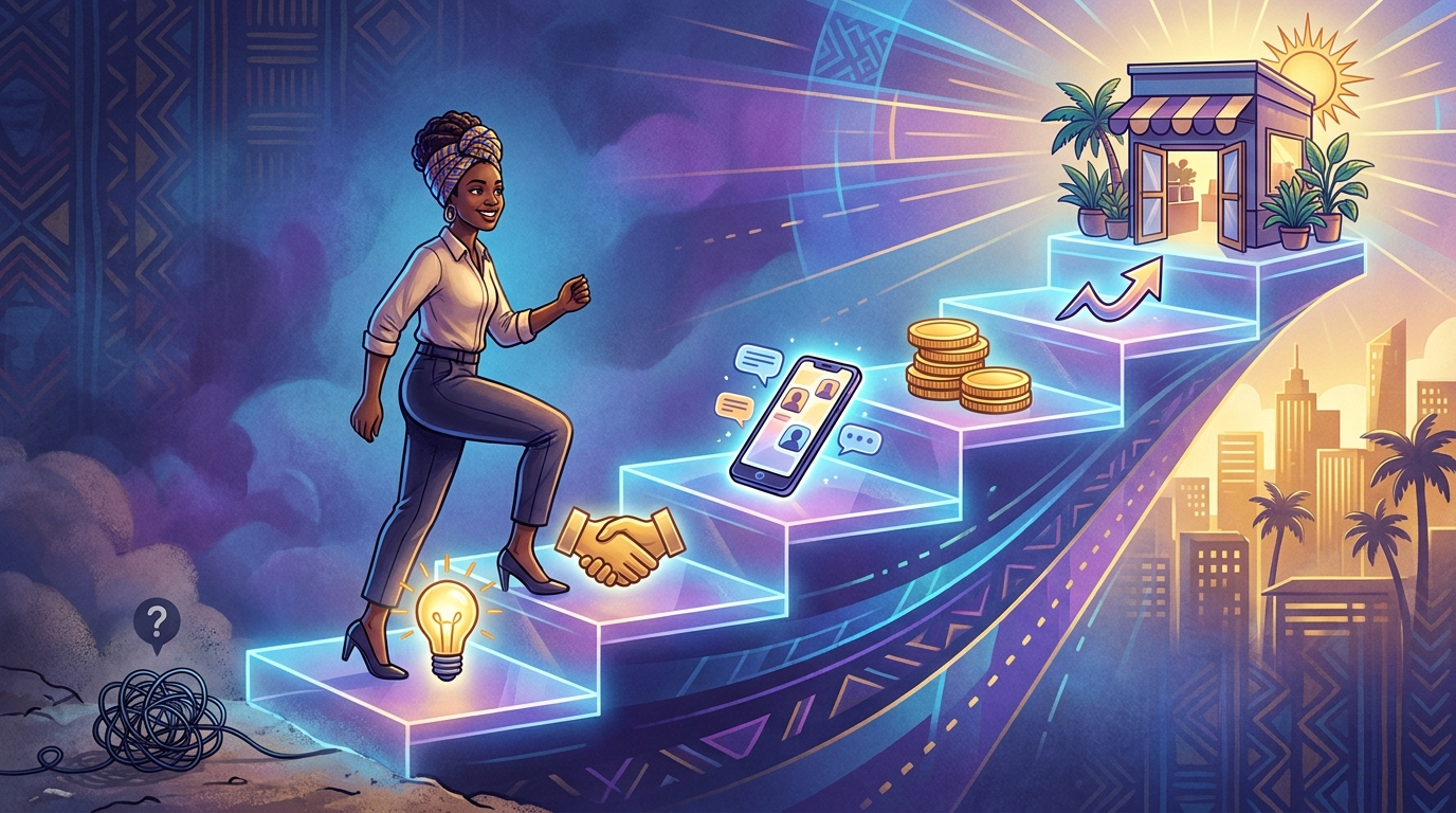 Les 5 étapes pour lancer son business : un entrepreneur africain gravit un escalier lumineux du problème vers une entreprise prospère