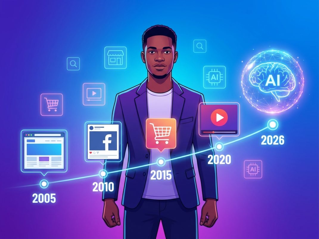 Jeune entrepreneur africain devant une frise chronologique des révolutions digitales de 2005 à l'intelligence artificielle en 2026