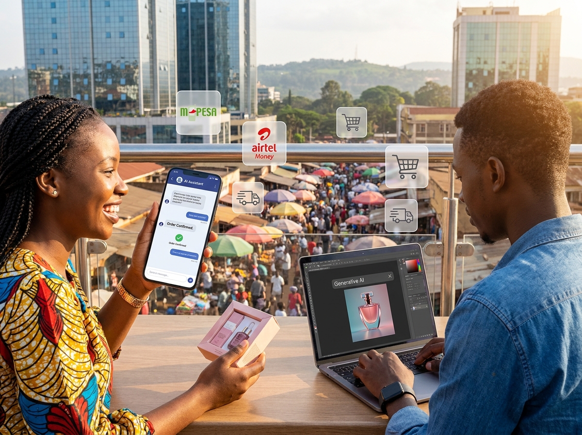 Jeunes entrepreneurs africains utilisant l'IA et le mobile money pour vendre en ligne depuis un marché africain
