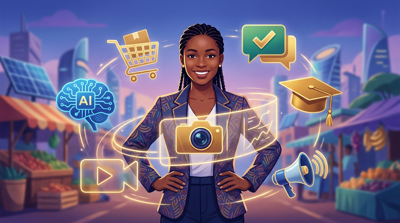 Jeune entrepreneur africain entouré des opportunités digitales de 2026 : IA, e-commerce, création de contenu, formation en ligne et marketing