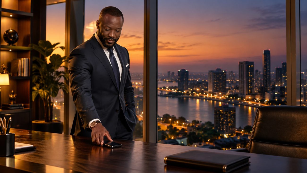 Un entrepreneur pose son téléphone face contre son bureau, devant la baie vitrée d'une tour d'Abidjan au crépuscule